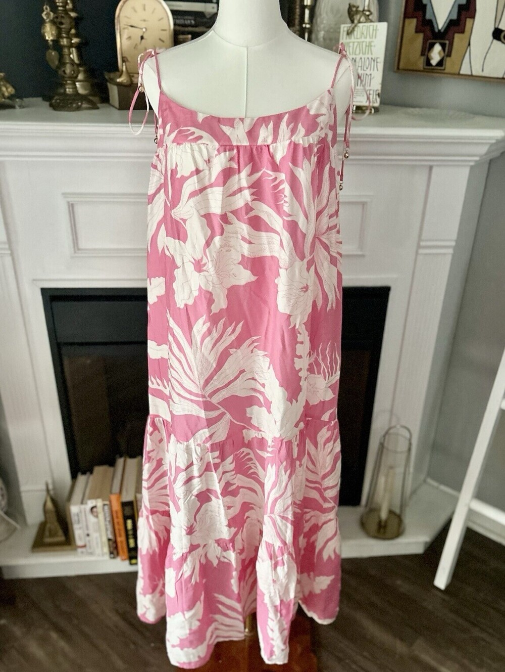 H&M Pink and White Floral Boho Beach Maxi Dress Sz Medium